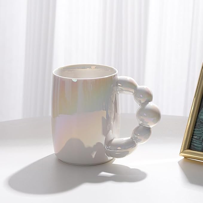 Pearl Ceramic Coffee Mug for Tea Latte Milk Cute Love Shape Cup for Home Office Women Gift 6.5 oz (Pearls White with Diamond, 380 ml)