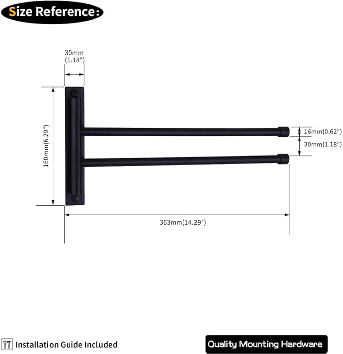 GERZWY Bathroom Swing Arm Towel Bars 2-Arm Wall Mount Stainless Steel Bath Towel Rack Hanger Towel Holder Organizer Matte Black HYG02-BK