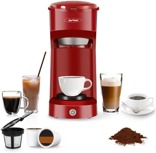SUNVIVI Coffee Maker, Single Serve Brewer for Single Cup, One Cup Coffee Maker With Permanent Filter, 6oz to 14oz Mug, One-touch Control Button with Illumination,Red (ETL Certified)