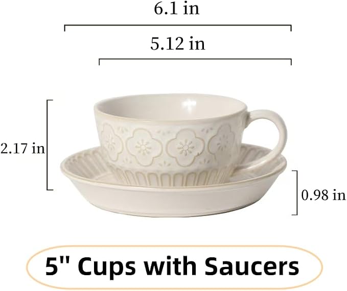 LOWYEPAULHO Cappuccino Cups with Saucers, 5''Ceramic Coffee Cup and Saucer set for Au Lait, Double shot, Latte, Cafe Mocha,Set of 4