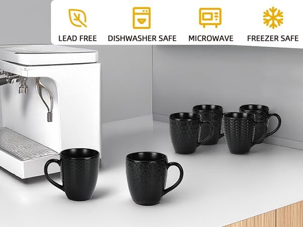 Schliersee 16 OZ Black Coffee Mugs Set of 6, Geometric Pattern Ceramic Coffee Mug Cups for Latte, Tea, Cappuccino, Mocha, Cocoa, Espresso cups