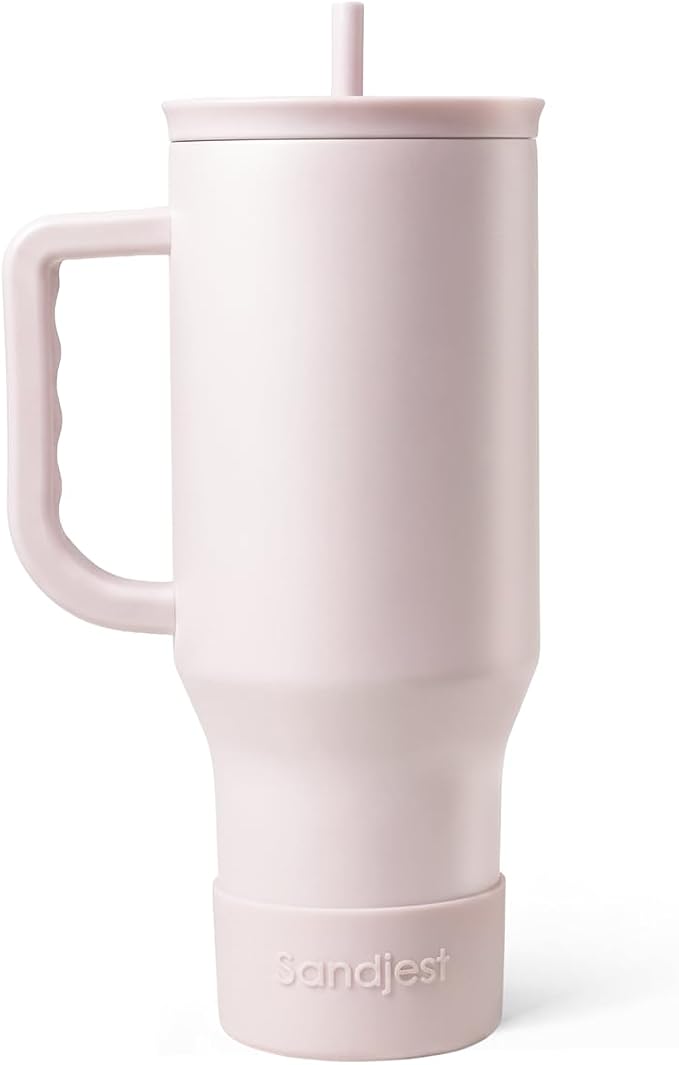 SANDJEST Pale Pink 40oz Tumbler with Handle and Straw, Insulated Stainless Steel Travel Coffee Mug for Women Girls, Gift Idea for Birthday Christmas Mothers Day