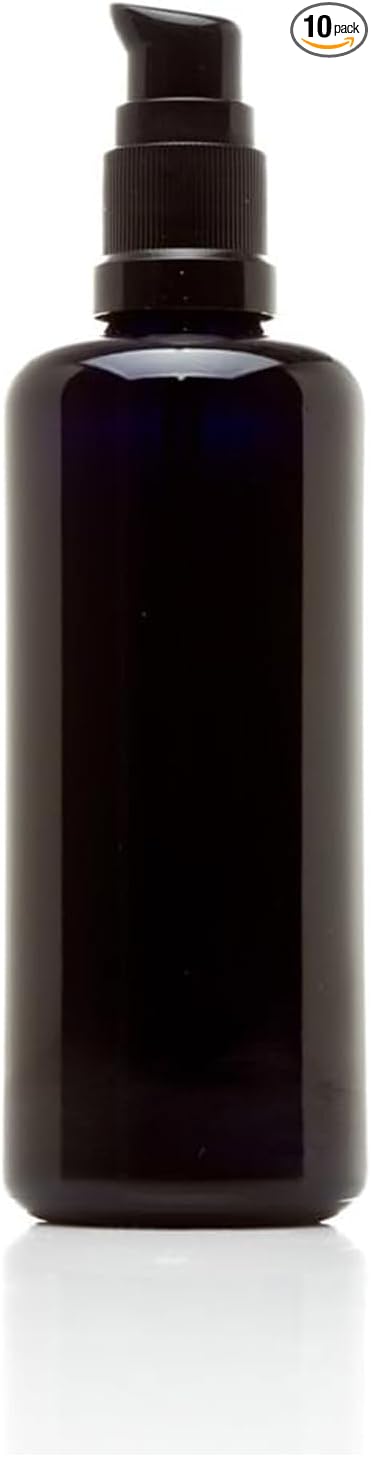 Infinity Jars 100 ml (3.4 fl oz) Refillable UV Black Glass Pump Bottles Leak-Proof Travel Containers for Toner, Sanitizer, Beard Oil, Hair Serum, Essential Oils Pack 10
