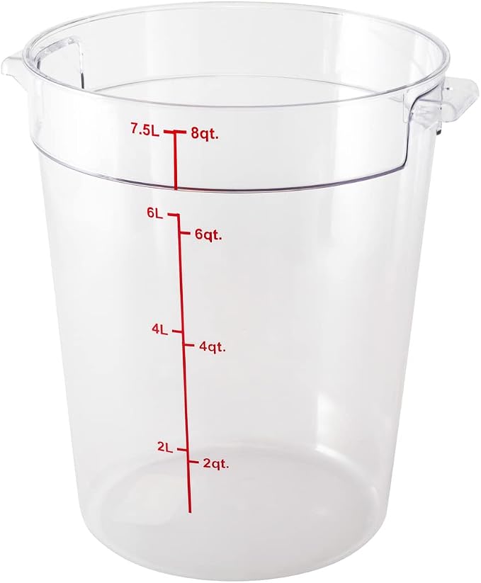 Restaurantware Met Lux 8 Quart Food Storage Container, 1 Round Commercial Storage Container - Lid Sold Separately, With Volume Markers, Clear Plastic Food Prep Bucket, Space-Saving Storage