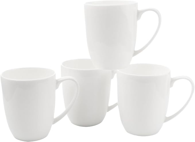 Fine Bone China White Coffee Mugs, 16 oz Large Capacity, Set of 4 Tea Cups, Thin Thickness and Light Weight, Comfortable to Hold, Microwave and Dishwasher Safe