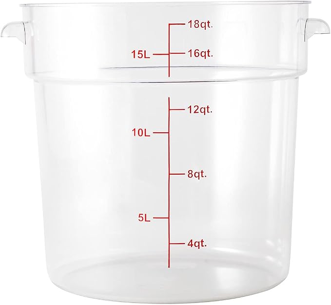 Restaurantware Met Lux 18 Quart Food Storage Container, 1 Round Commercial Storage Container - Lid Sold Separately, With Volume Markers, Clear Plastic Food Prep Bucket, Space-Saving Storage