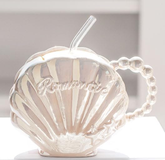 Pearl Shell Ceramic Coffee Mug with Coaster Set for Tea Latte Milk Cute Cup with Saucer for Home Office Women Gift 6.5 oz (Shell with Straw Beige, 450 ml)