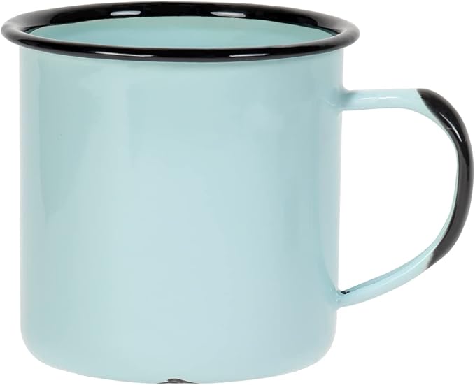 Red Co. Set of 6 Enamelware Metal Medium Classic 12 Oz Round Coffee and Tea Mug with Handle, Distressed Aqua/Black Rim