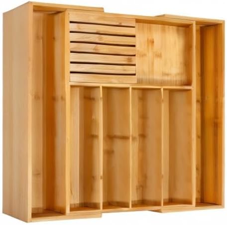 VaeFae Bamboo Silverware Drawer Organizer and Bamboo Knife Drawer Organizer Insert Bundle