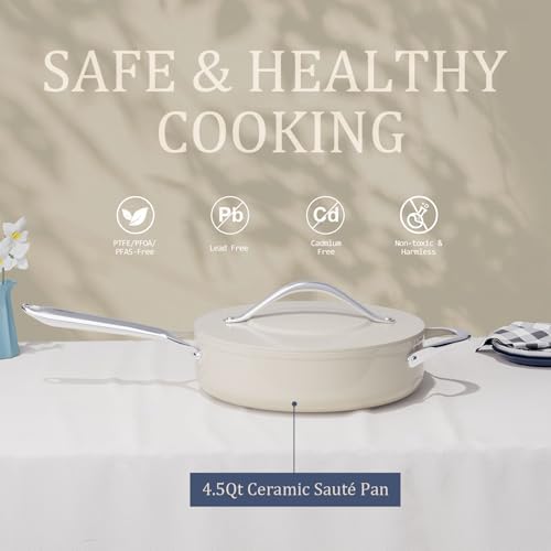 Healthy Ceramic Nonstick Cookware Set-11″ 4.5qt Non-Toxic Ceramic Sauté Pan w/ Lid & 10″ Nonstick Ceramic Frying Skillet, PTFE/PFOA/PFAS Free, Oven & Dishwasher Safe, All Cooktops Compatible, Even Hea