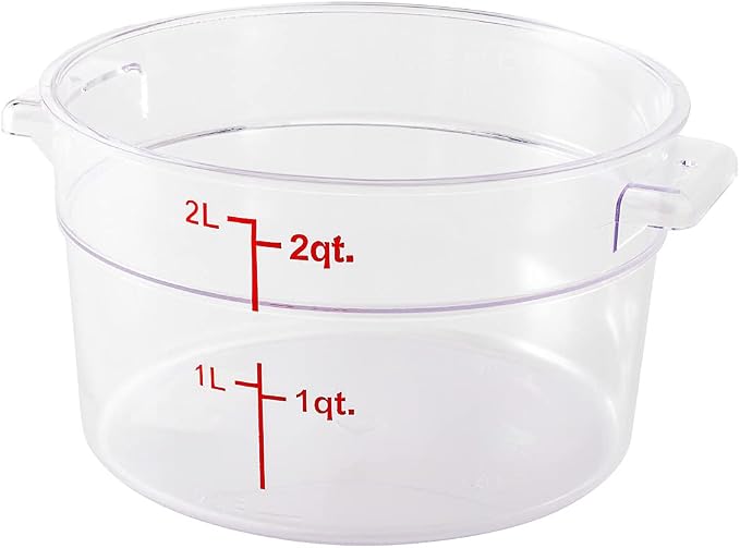Restaurantware Met Lux 2 Quart Food Storage Container, 1 Round Commercial Storage Container - Lid Sold Separately, With Volume Markers, Clear Plastic Food Prep Bucket, Space-Saving Storage