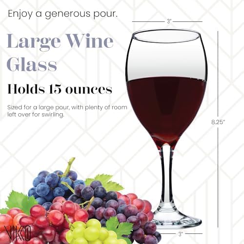 Vikko Wine Glasses, 15 Ounce Wine Glass, Set of 6 Stemmed Glasses for Red and White Wine, Copas De Vino, Thick and Durable Wine Glasses, Dishwasher Safe, Wedding, Holiday, Housewarming Gift