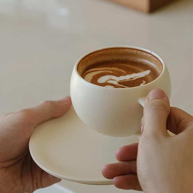 WENSHUO Egg Shaped Coffee Mug with Saucer, 8.5 oz Matte Crème Ceramic Cute Teacup, Modern Minimalist Cappuccino Latte Art Cup Set for Home Office Cafe
