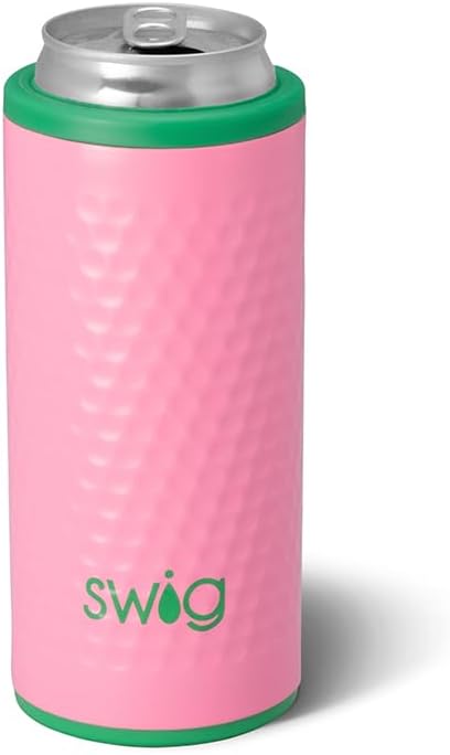 Swig Life Skinny Can Cooler, 12oz Insulated Slim Can Holder, Stainless Steel Cans Cooler, Covers for Tall Beer Bottles, Beach Accessories for Women (Azalea Golf Ball)