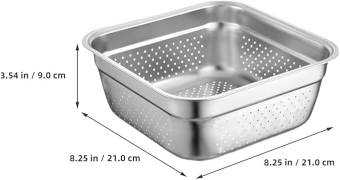 Kichvoe Stainless Steel Square Colander 8.27 Inch Vegetable Washing Basin Large Capacity Kitchen Strainer for Fruit and Vegetable Drainage