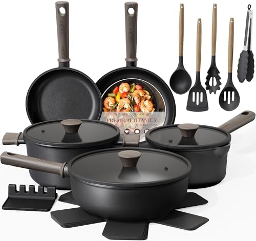 Astercook Non Stick Pots and Pans Set Healthy Non-Toxic Titanium Induction Kitchen Cookware Sets and Astercook 13-Piece Kitchen Knife Set with Black Anti-Rust Coating Stainless Steel Chef Knives Set