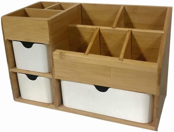 Bamboo Desktop Organizer 8 Compartment Cosmetic & Jewelry Holder with 3 Drawers, Vanity Storage Box for Skincare, Accessories & Beauty Products Display with Adjustable Dividers No Assembly Required