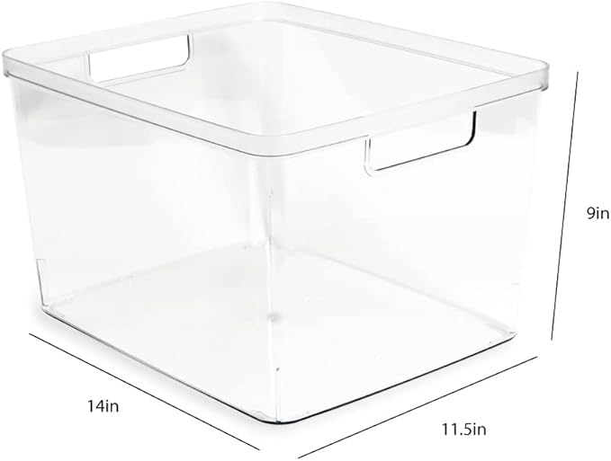 Isaac Jacobs 2-Pack Extra-Large Clear Storage Bins (11.5” L x 14” W x 9” H) w/Cutout Handles, Plastic Organizer for Home, for Kitchen, Fridge, Pantry, BPA Free, Food Safe (2-Pack, Extra-Large)