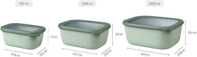 Mepal – Multi Bowl Cirqula 3-Piece Set – Food Storage Container with Lid - Suitable as Airtight Storage Box for Fridge & Freezer, Microwave Container & Servable Dish - 750, 1500, 3000ml - Nordic sage