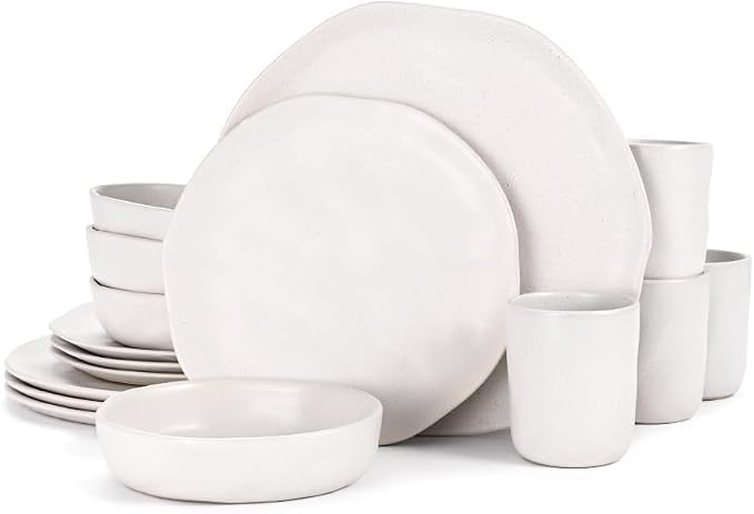 Cabtnca Plates and Bowls Sets for 4, 16 Pcs Modern Stoneware Dinnerware Sets, Highly Chip Scratch Resistant, Microwave & Dishwasher Safe, Irregular Dish Set for Kitchen Home, Speckled White