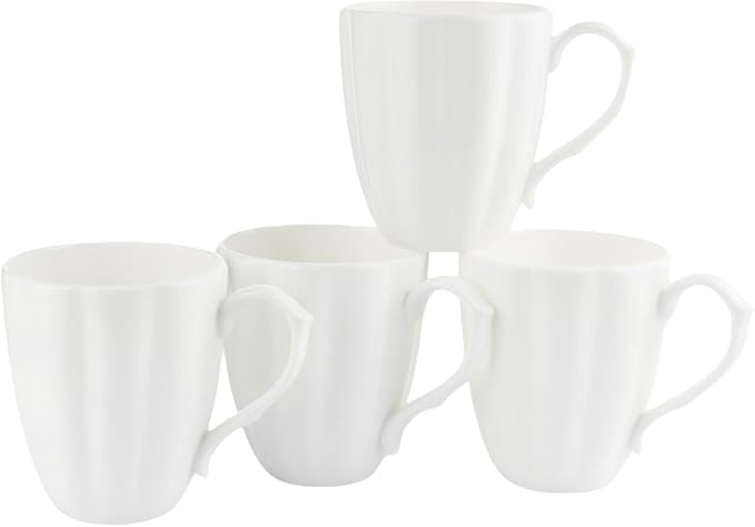 Fine Bone China Pure White Coffee Mugs, Pumpkin Shape 15 oz Large Capacity, Set of 4 Tea Cups, Thin Thickness and Light Weight, With Large Handle Comfortable to Hold, Microwave and Dishwasher Safe
