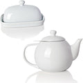 Sweejar Ceramic Butter Dish with Lid for Countertop,Porcelain Butter Keeper with Knob Handle,Butter Container for East/West Coast Butter and Porcelain Teapot with Removable Stainless Steel Infuser