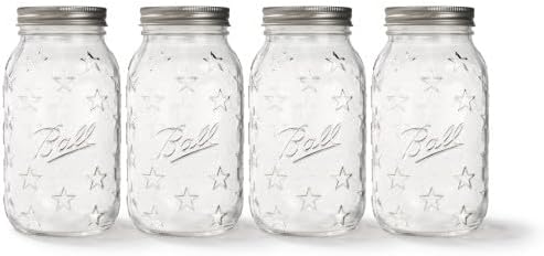 Ball Americana Regular Mouth Glass Mason Jars with Lids and Bands, Used for Canning, Pickling, Juice, Jam, Jelly, Quart Size 32 Ounce, 4 Count (Pack of 1)
