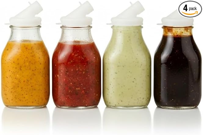 kitchentoolz 16oz Salad Dressing Shaker Bottle – Glass Bottle Salad Dressing Dispenser Container with Tamper-Proof Lid – 4 Pack