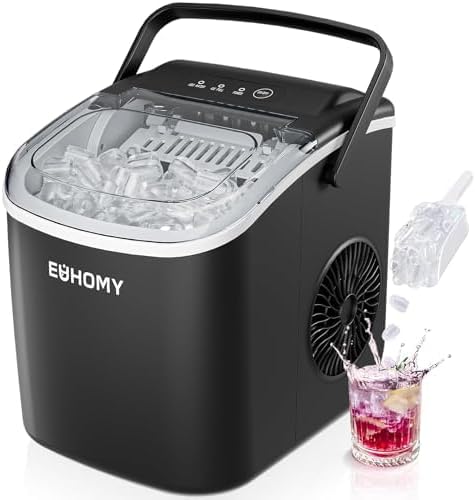 EUHOMY Countertop Ice Maker Machine with Handle, 26lbs in 24Hrs, 9 Ice Cubes Ready in 6 Mins with 16 Fl OZ Ice Machine Cleaner Descaler (4 Uses Per Bottle)