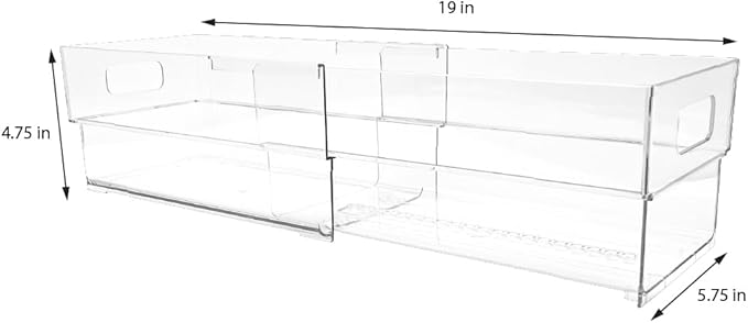 Isaac Jacobs 2-Pack Clear Expandable Storage Bins - Small, 11"-19" L x 5.8" W x 4.8" H, Plastic Organizer with Cut-Out Handles, Adjustable Length from 11-19" for Home, Kitchen & Office