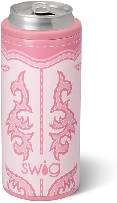 Swig Life Skinny Can Cooler, 12oz Insulated Slim Can Holder, Stainless Steel Cans Cooler, Covers for Tall Beer Bottles, Beach Accessories for Women (Boot Scootin' Pink)