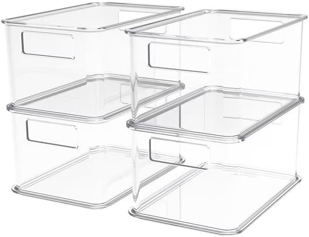 Clearly 4-Pack Clear Plastic Organizing Bins, 10x6.5x5 Inch – Stackable Pantry Storage with Handles – BPA-Free Fridge, Freezer, and Cabinet Organizer – Made in the USA