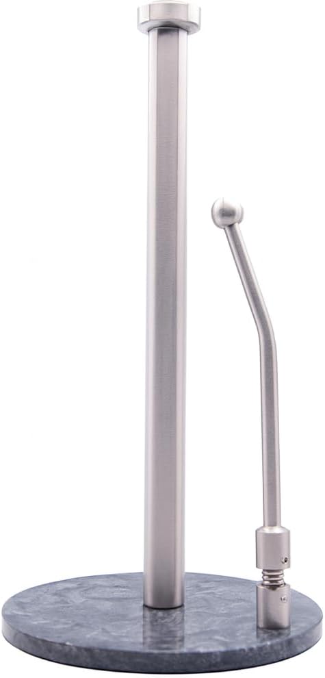 Paper Towel Holder with Marble Base – Weighted Countertop Stand, One-Hand Tear, Stainless Steel Rod, Natural Stone Base, Available in Gray & White Marble