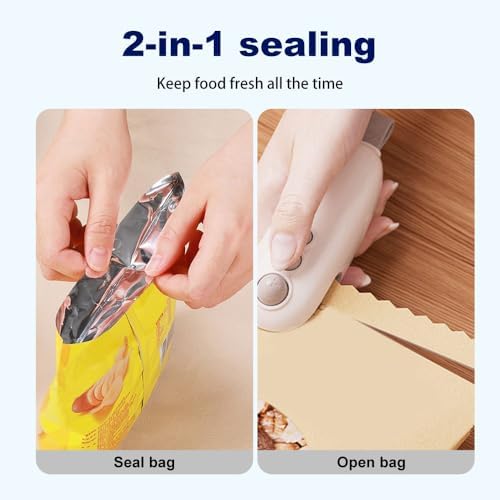 2025 Mini Bag Sealer, 2-in-1 Rechargeable Heat Sealer & Cutter with Magnet, Portable Handheld Resealer for Plastic & Snack Bags, Ideal for Food Storage (White)