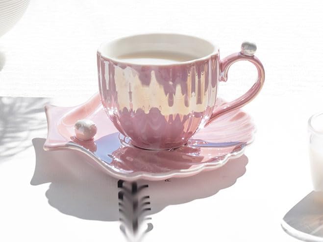 Pearl Shell Ceramic Coffee Mug with Coaster Set for Tea Latte Milk Cute Cup with Saucer for Home Office Women Gift 6.5 oz (Shell Gradient Pink, 240 ml)