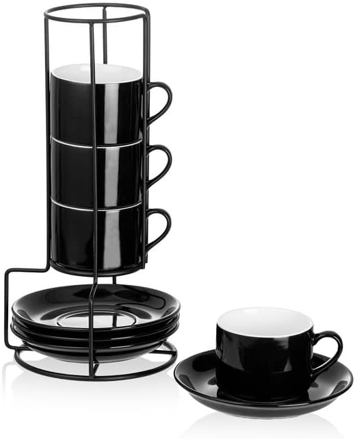 Espresso Cups Set of 4, 4oz Stackable Coffee Cups with Saucers and Metal Stand, Black Demitasse Cups, Expresso Shots Cup Set