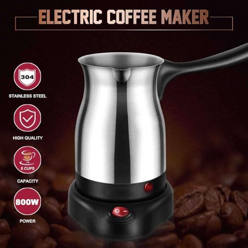 Electric Turkish Coffee Maker, Stainless Steel Turkey Coffee Pot Arabic Greek Coffee, 600ml 600W Coffee Tea Milk Heating Kettle, Removable Anti Scald Handle, 5-6 Cups