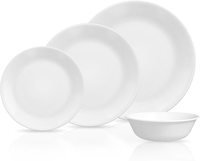 Corelle Vitrelle 8-Piece Service for 2 Dinnerware Set, Triple Layer Glass and Chip Resistant, Lightweight Round Plates and Bowls Set, Winter Frost White