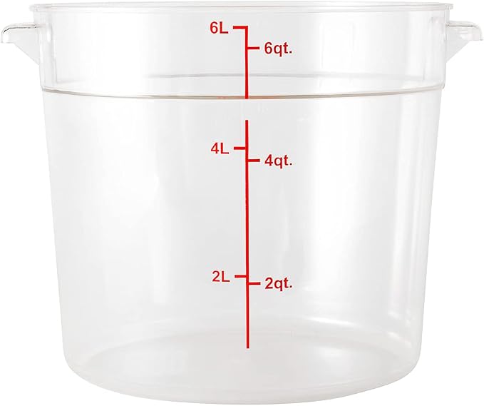 Restaurantware 6 Quart Plastic Food Storage Container - Durable Clear Polycarbonate Storage Bin - Round Food Prep Storage with Red Graduations - Dishwasher Safe Commercial Kitchen Use