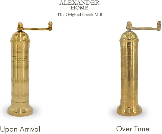Alexander Home The Original Greek Salt Mill 8 Inch Tall | European Salt Mill Grinder with Crank Handle | Manual Salt Grinder | Salt Refillable - Brass