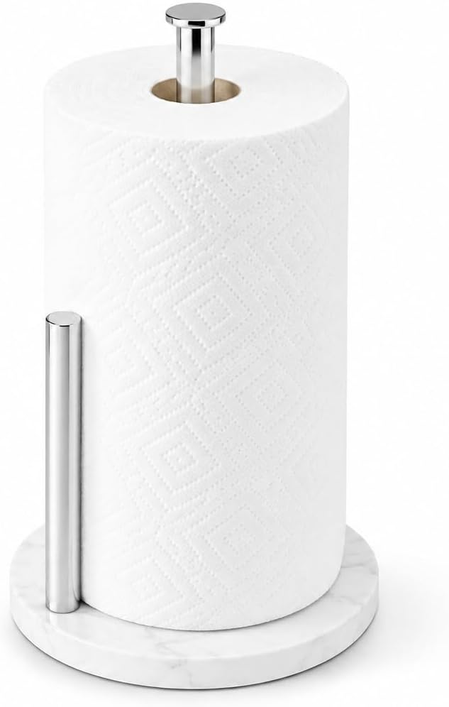 Chrome Paper Towel Holder,Stainless Steel Paper Towel Holder for Kitchen Roll Organize, Standard or Jumbo-Sized Roll Paper, Countertop Roll Dispenser with Marble Base