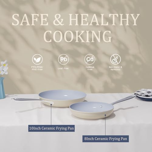 CookinCraze Ceramic Nonstick Cookware Set 8" Fry Pan & 4.5qt Dutch Oven PFAS/PTFE/PFOA Free Even Heat Distribution All Cooktops Compatible Oven Safe to 500°F (Cream)