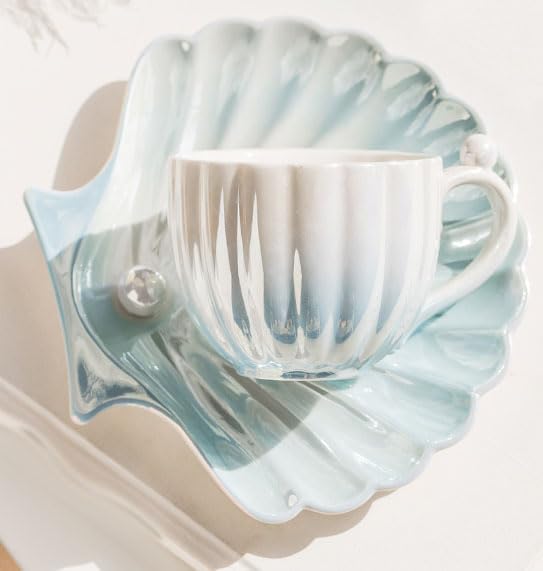 Pearl Shell Ceramic Coffee Mug with Coaster Set for Tea Latte Milk Cute Cup with Saucer for Home Office Women Gift 6.5 oz (Shell Pink, 240 ml)