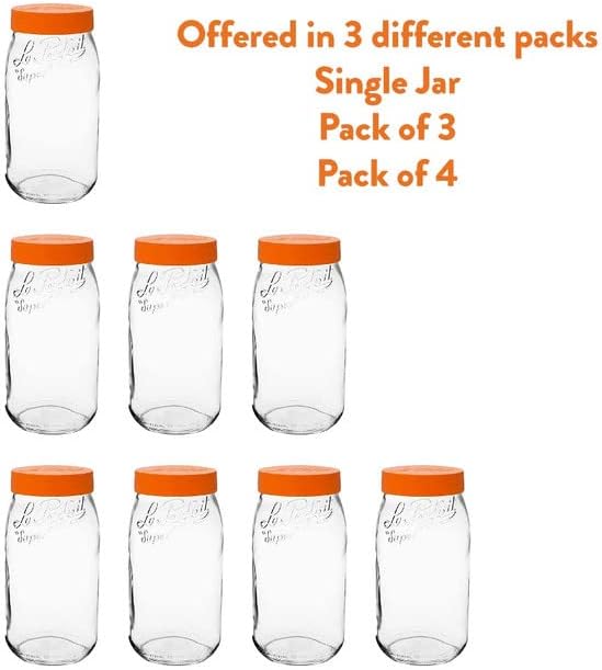 Le Parfait Eco-Friendly Zero Waste Wide Mouth Glass Jar with Airtight Screw Top Lid - Reusable French Storage Jar for Food, Soup, Flour, Sugar, Canning & Baking (3L/96oz, 1 Pack, Orange)