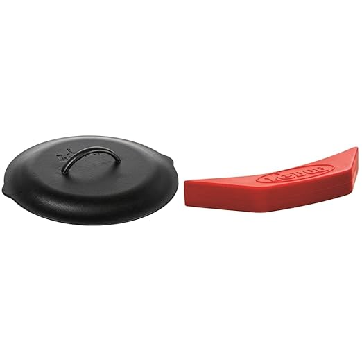 Lodge L10SC3 Cast Iron Lid, 12-inch & ASAHH41 Silicone Assist Handle Holder, Red