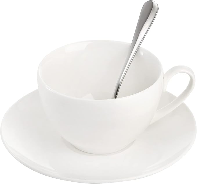 Foraineam Espresso Cups with Saucers and Spoons, 6 oz White Tea Cup Set, Porcelain Coffee Cup and Saucer Set with Stainless Steel Spoon for Specialty Coffee Drinks, Latte, Cafe Mocha and Tea, Set of 6