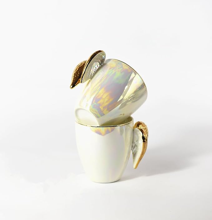 Pearl Ceramic Coffee Mug for Tea Latte Milk Cute Love Shape Cup for Home Office Women Gift 6.5 oz (golden angel, 220 ml)