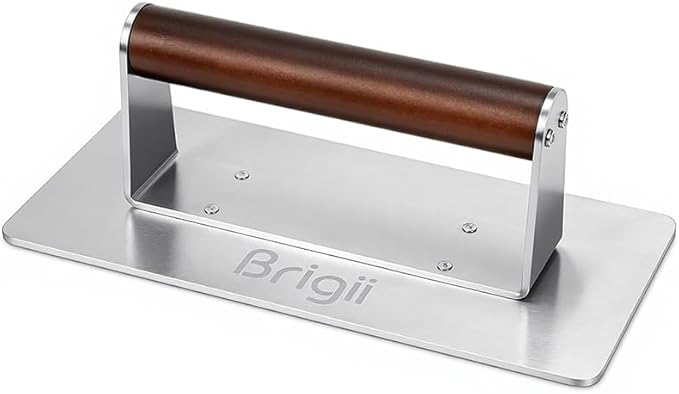 Brigii Stainless Steel Burger Press Smasher - 9"x4" Rectangular Grill Press with Wooden Handle(Heat-Proof), Non-Stick Smooth for Hamburger Patties, Bacon, Steak & BBQ Grilling, Dishwasher Safe