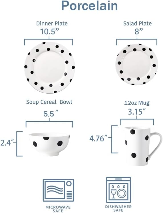 16-Piece Black and White Polka Dot Dinnerware Set for 4, Modern Porcelain Plates and Bowls Set, Ceramic Dish Set with Mugs, Dishwasher & Microwave Safe, Elegant Kitchen Gift - White