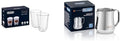 De'Longhi Stainless Steel Milk Frothing Pitcher, 12 ounce (350 ml), 12 oz & DeLonghi Double Walled Thermo Latte Glasses, Set of 2, 2 Count (Pack of 1), Clear